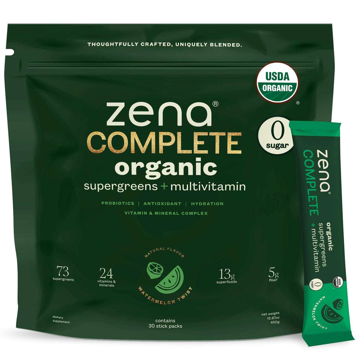 Zena Nutrition complete organic greens bottle showing a ready-to-drink daily blend for convenient nutrition