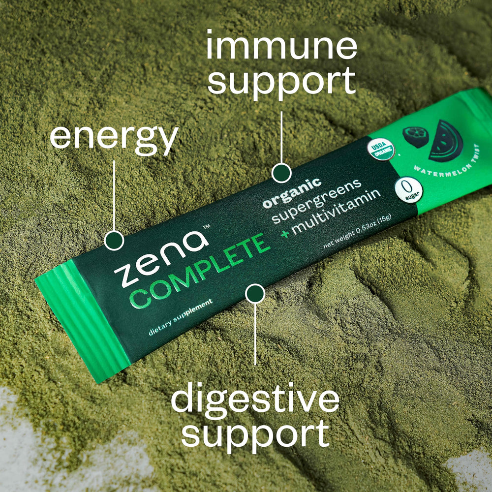 Zena Nutrition glass ready to pour with the green mix for a healthy sip.