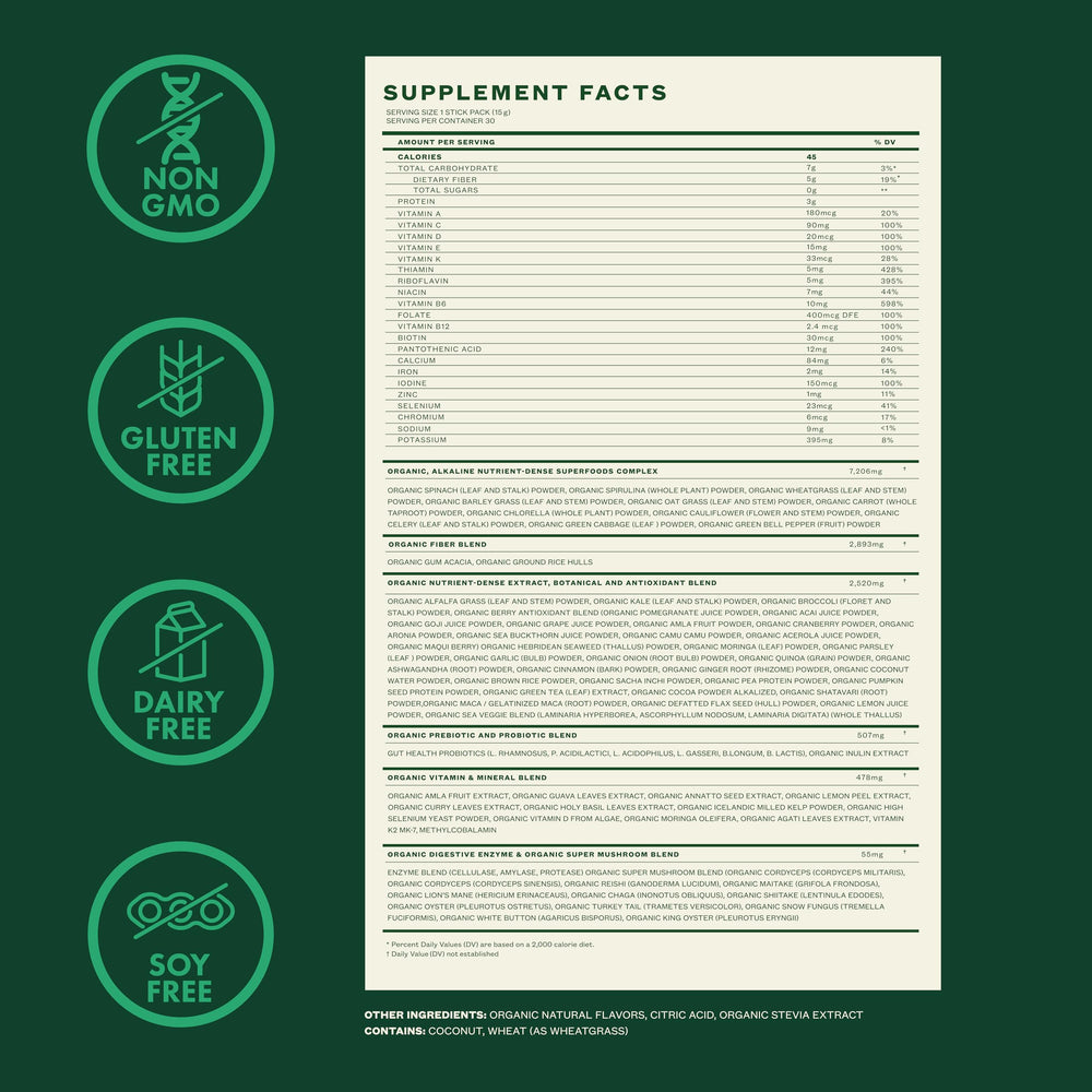 Zena Nutrition kale spinach pomegranate ingredients displaying a nutrient-rich greens blend