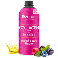 Zena Nutrition liquid collagen bottle front with mixed berry flavor for daily beauty support