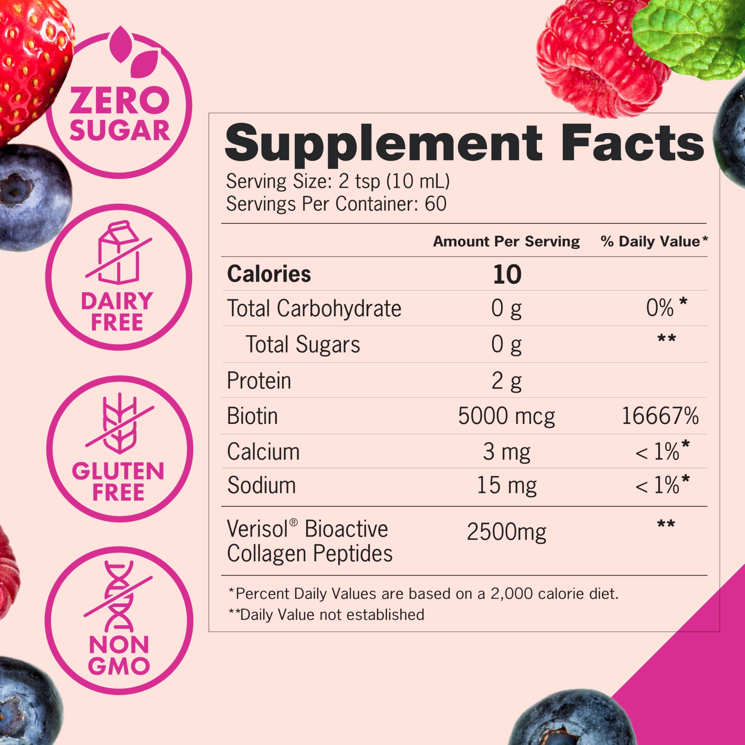 Close-up on ingredients including biotin and Verisol in Zena Nutrition formula
