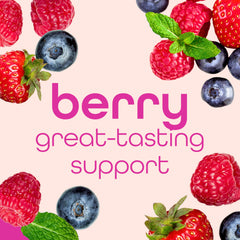 Glass of mixed berry flavored collagen beside bottle for a tasty routine