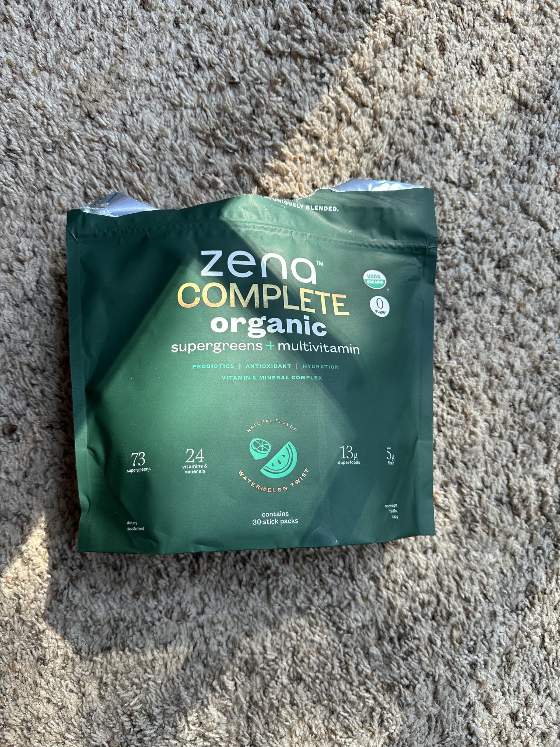 Zena Nutrition on-the-go morning routine with single-serve packet.