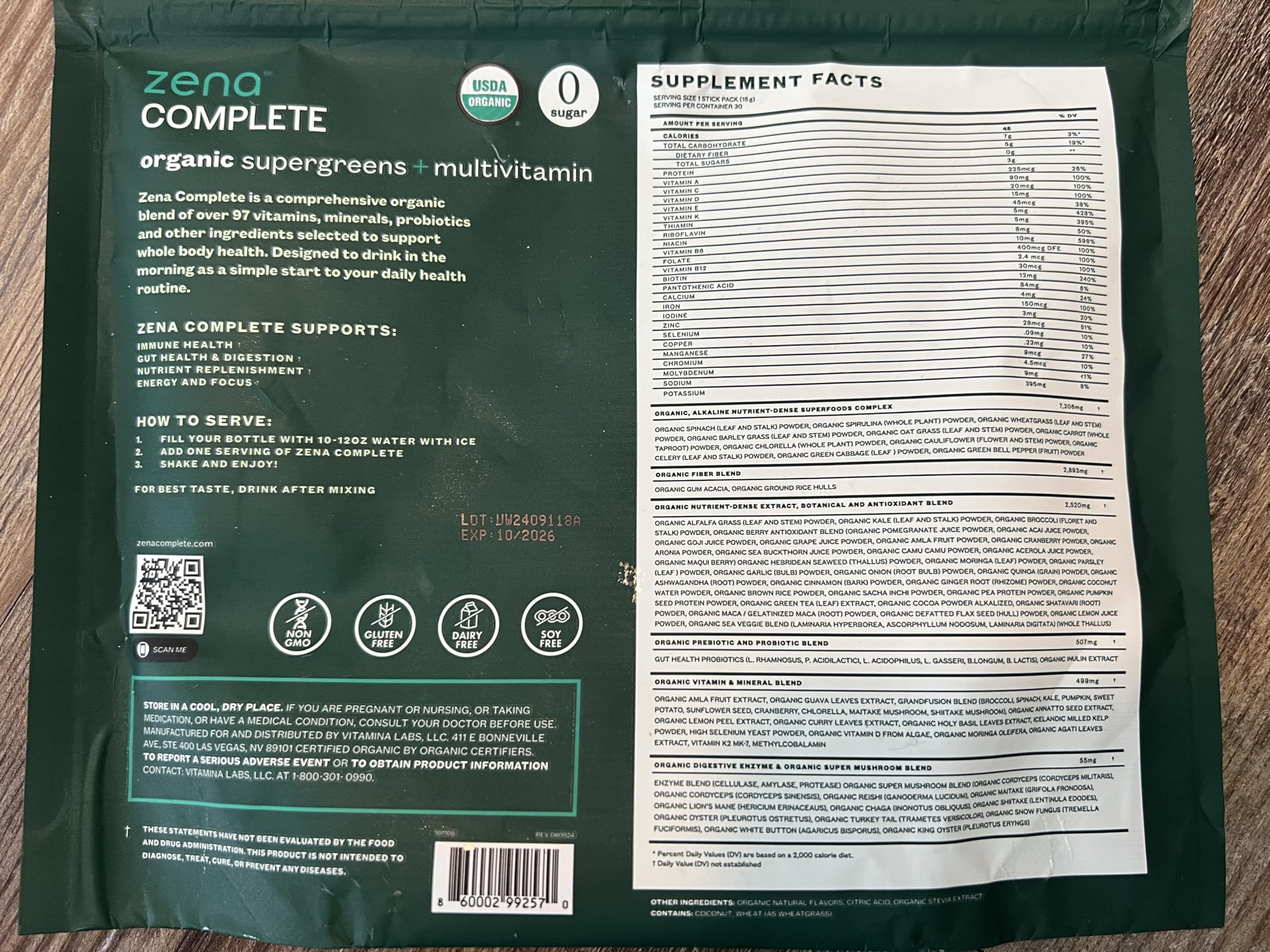 Zena Nutrition on-the-go packets with water illustrating easy wellness moments