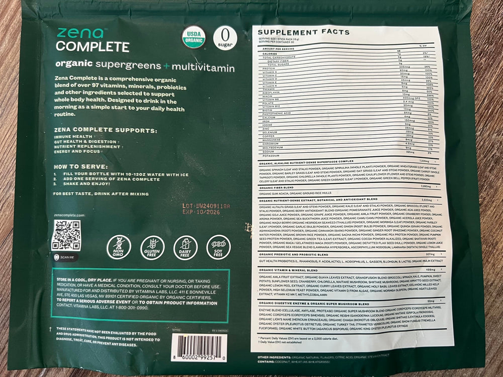 Zena Nutrition on-the-go packets with water illustrating easy wellness moments