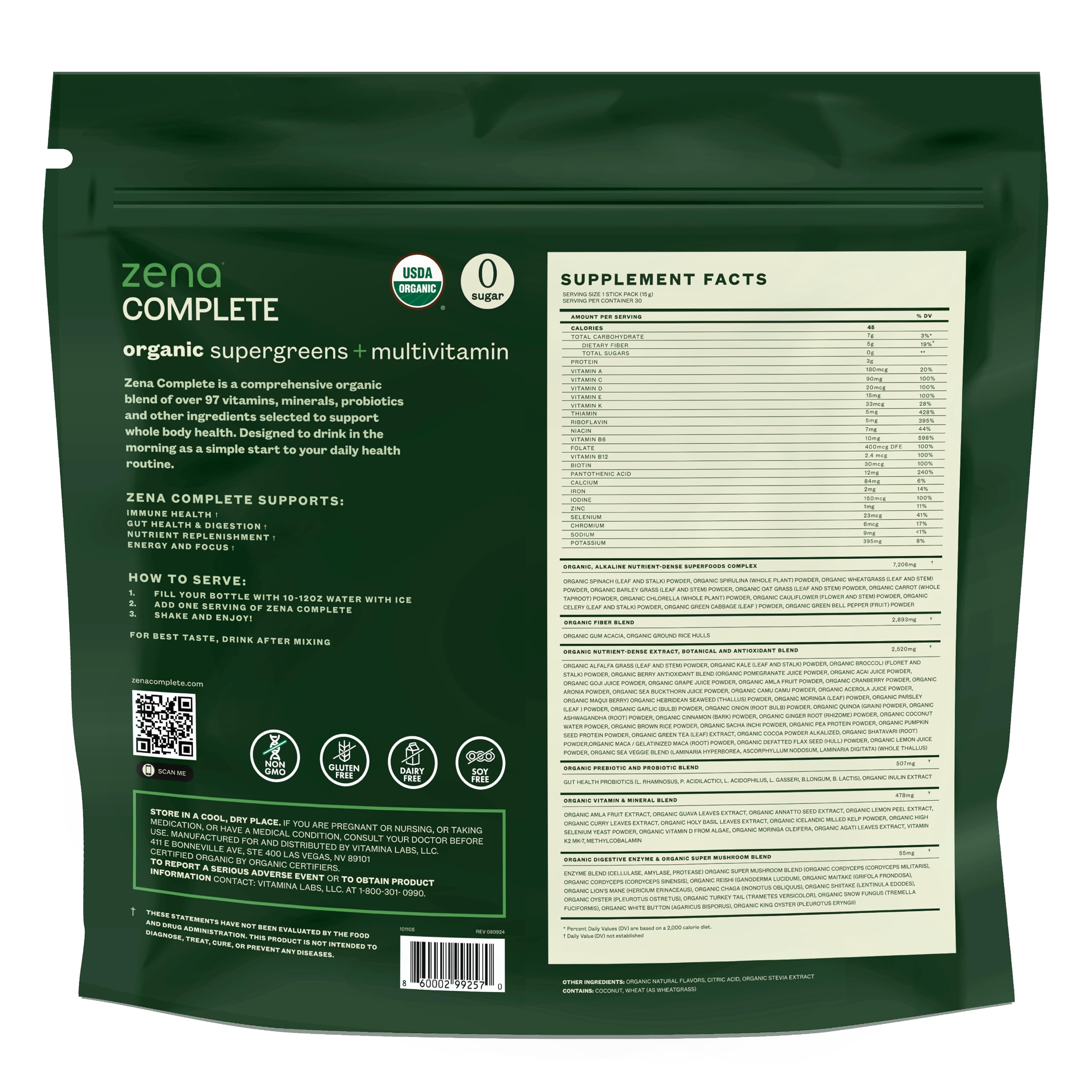 Zena Nutrition organic ingredients close-up with kale and pomegranate for nourishment.