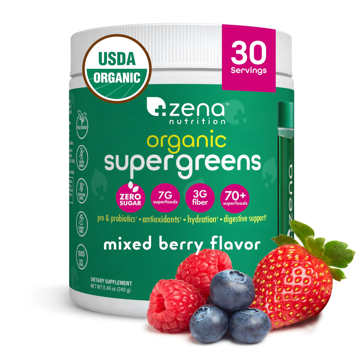 Zena Nutrition organic super greens powder bottle showcases premium daily wellness formula.