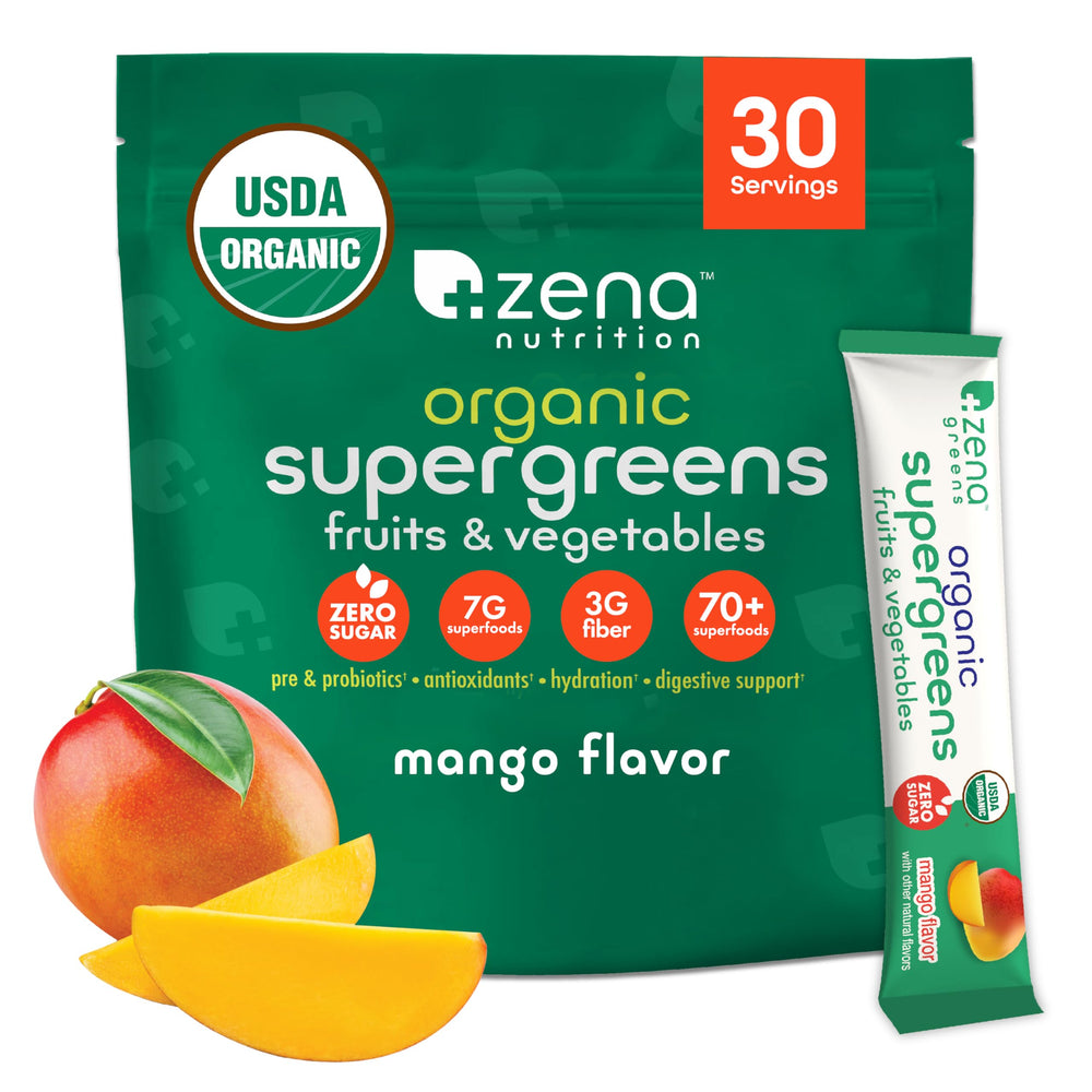 Zena Nutrition Organic Super Greens mango packaging for daily greens on the go.