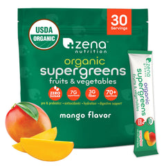 Zena Nutrition Organic Super Greens mango packaging for daily greens on the go.