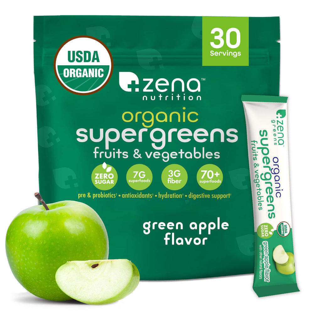 Zena Nutrition organic super greens powder stick pack for daily greens on the go.