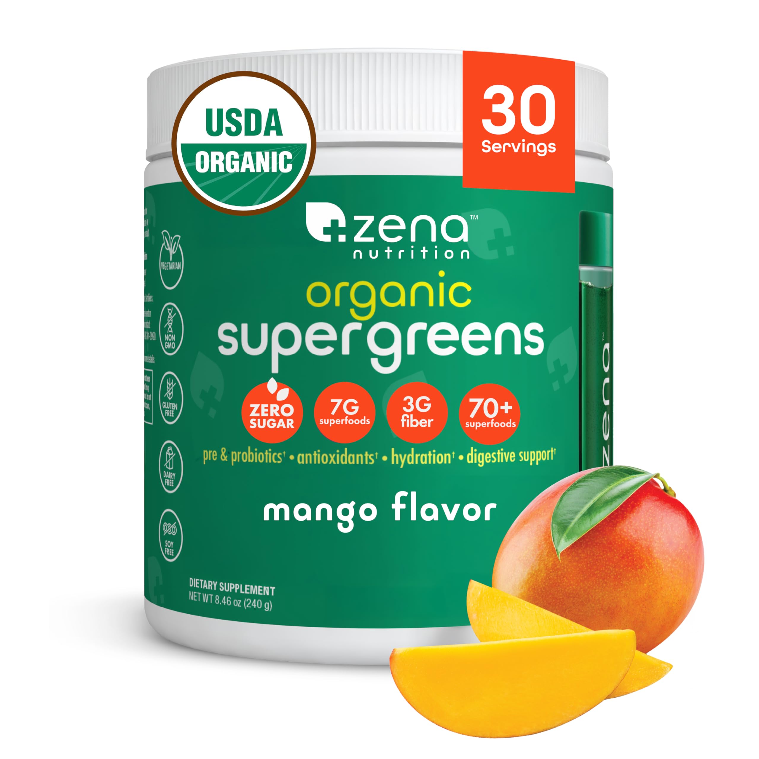 Zena Nutrition Organic Super Greens powder tub front for daily health support.