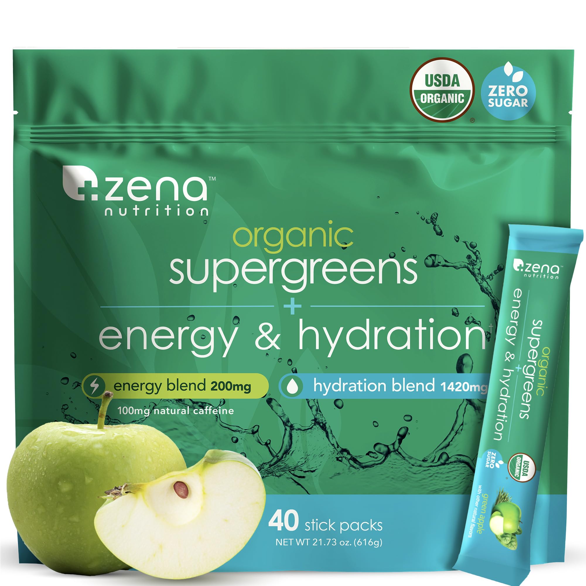 Zena Nutrition Organic Super Greens stick pack ready to mix for a quick energy boost.