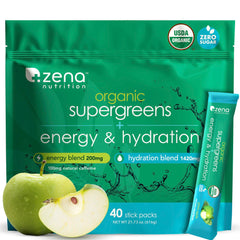 Zena Nutrition Organic Super Greens stick pack ready to mix for a quick energy boost.