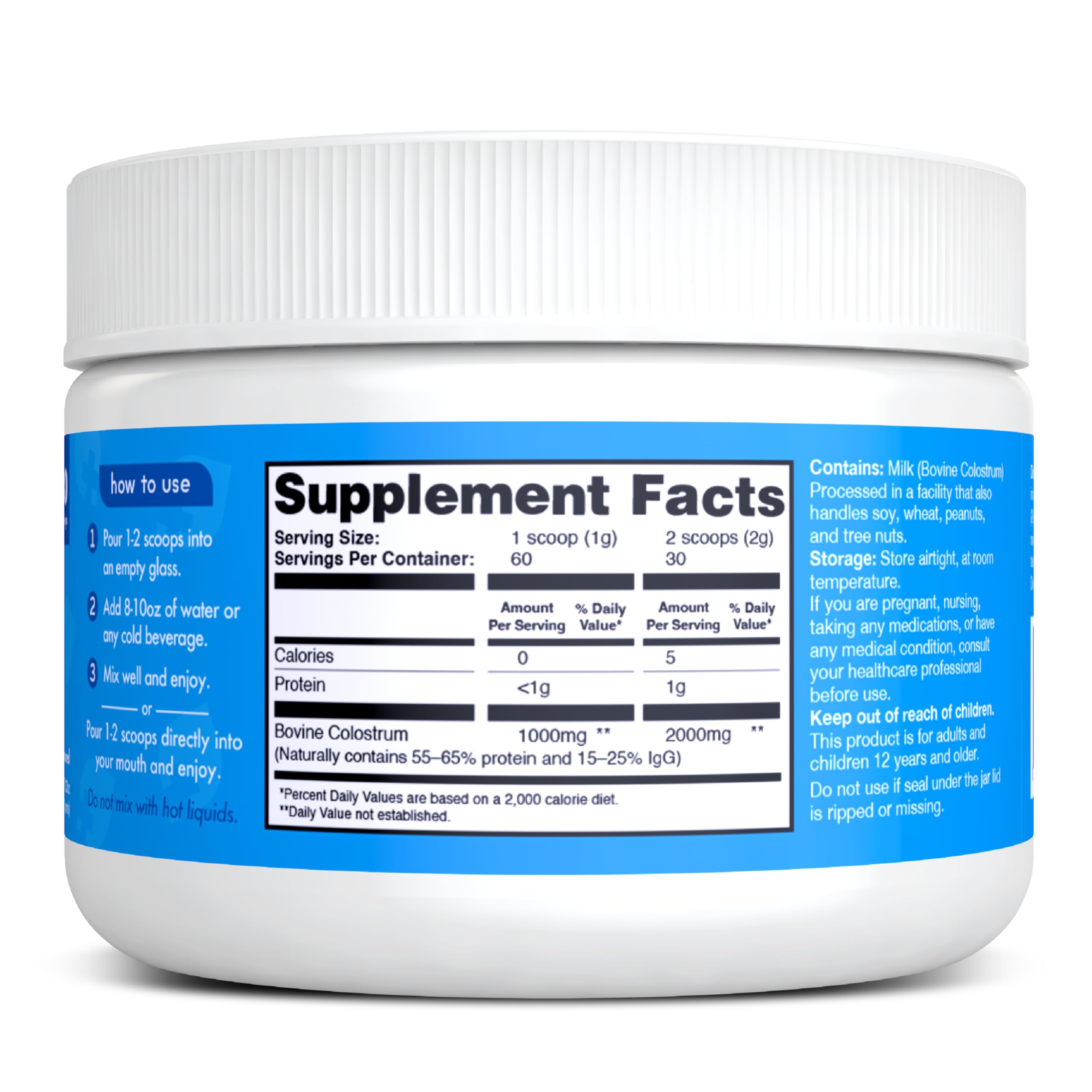 Zena Nutrition unflavored colostrum powder blends easily into beverages.