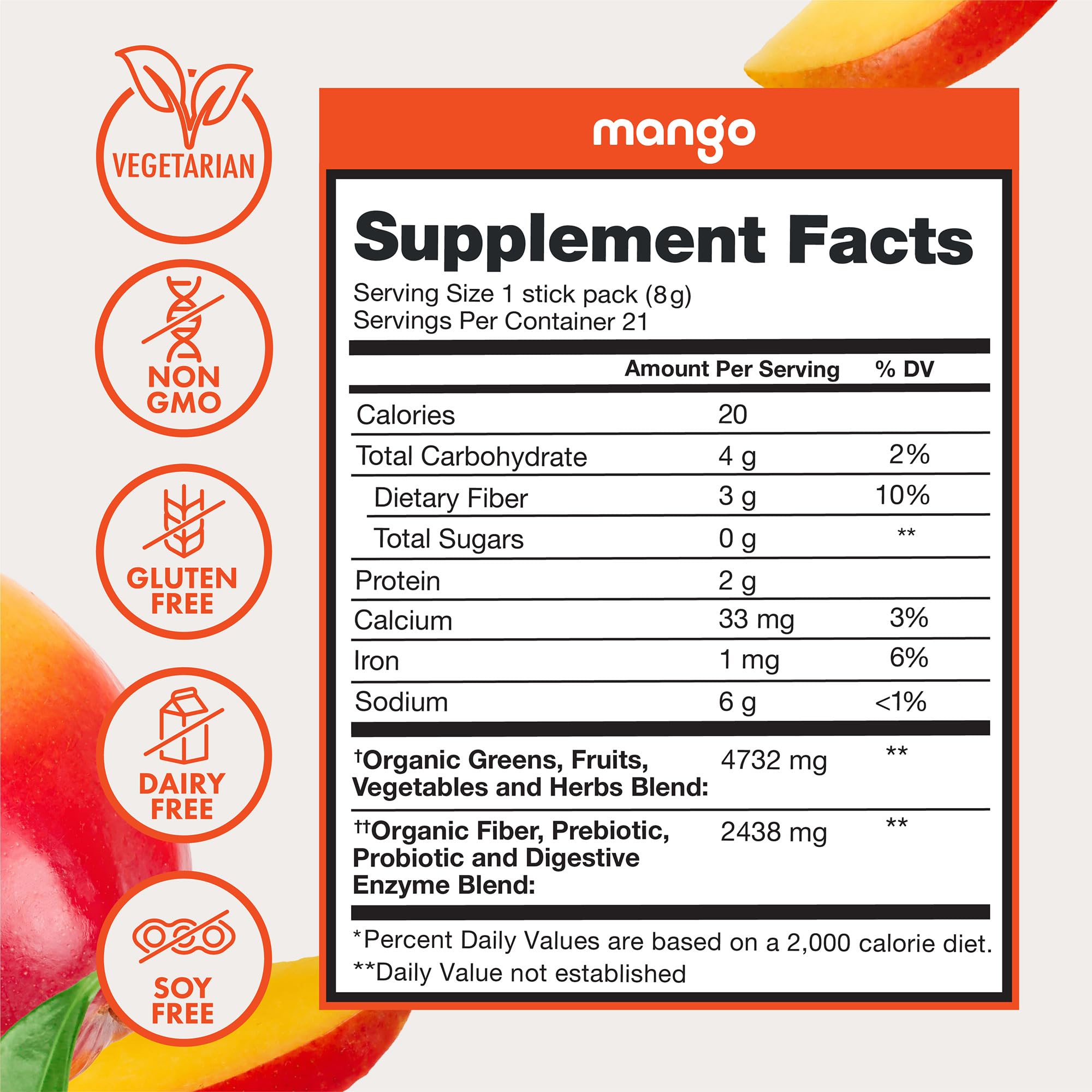 Zena Nutrition label highlights 70+ superfoods and fiber benefits.