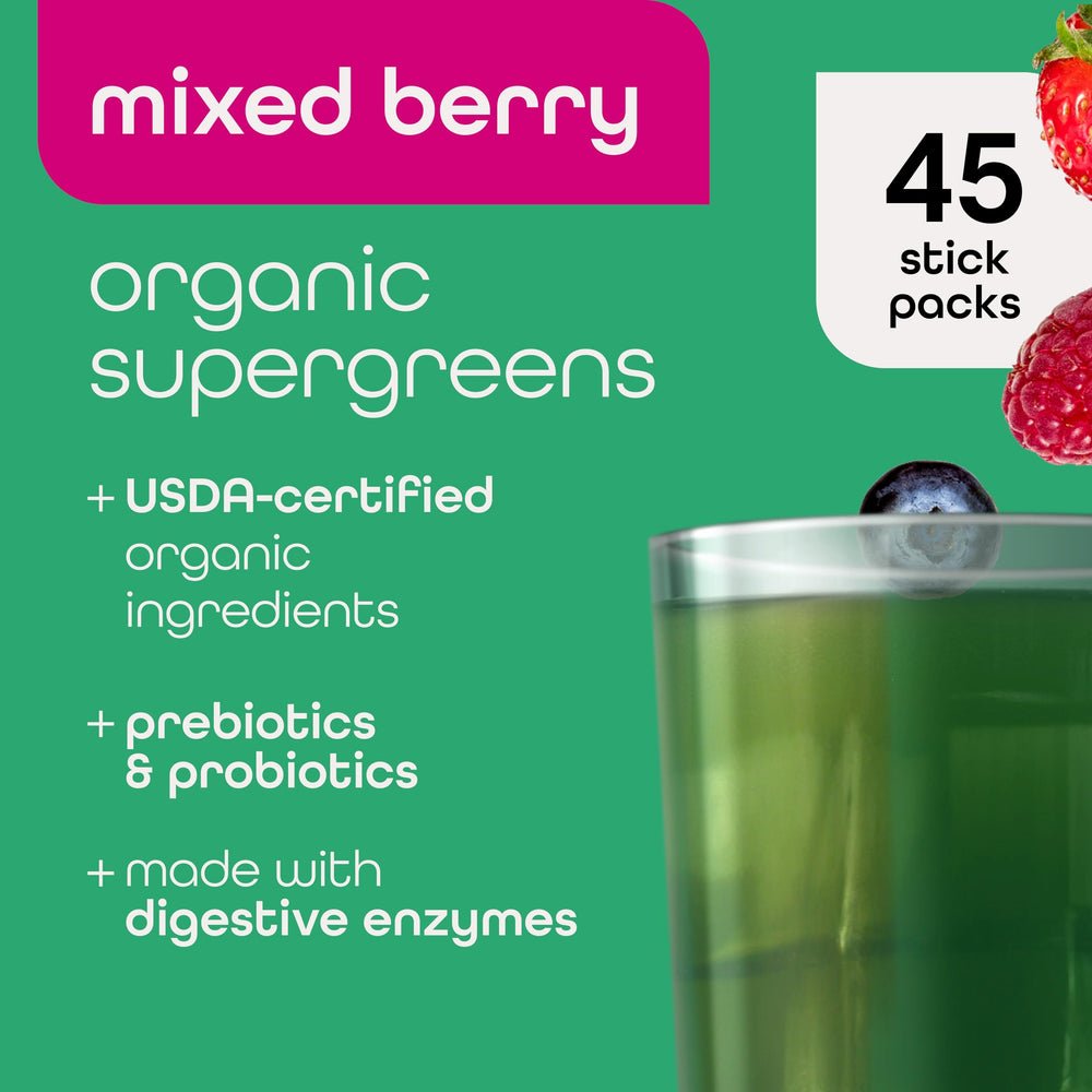 Zena Nutrition Organic Super Greens with enzyme blend for easy mixing.