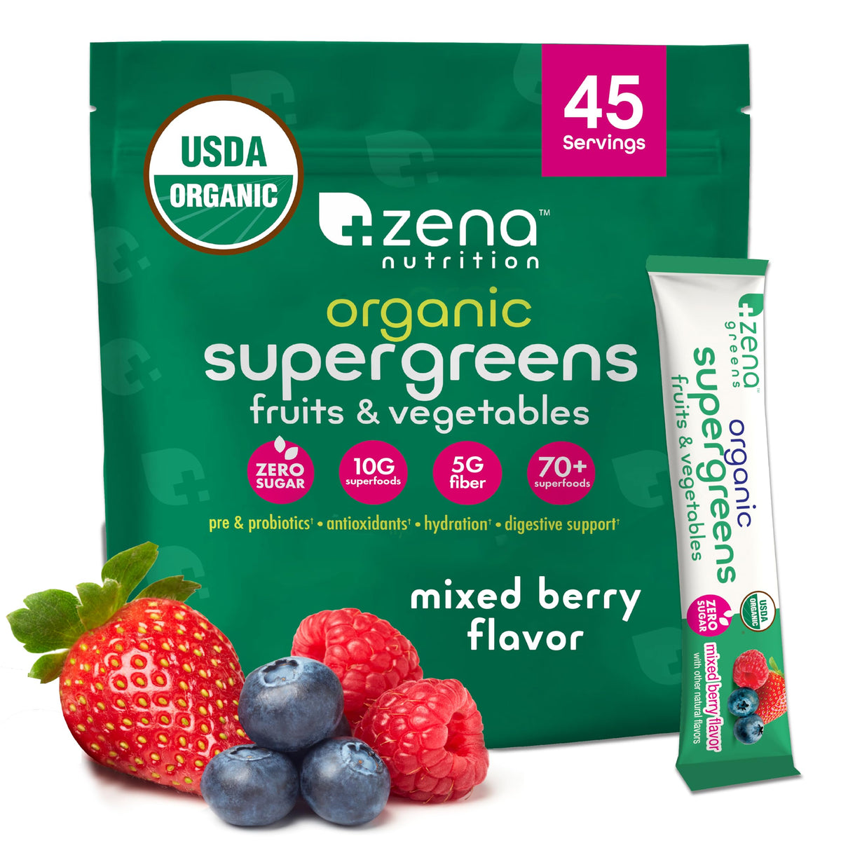 Zena Nutrition Organic Super Greens stick packs for convenient on-the-go greens.