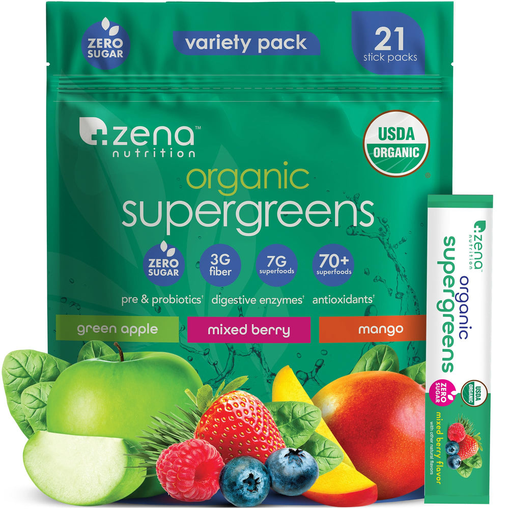 Zena Nutrition Organic Super Greens Variety Pack box, convenient daily greens.