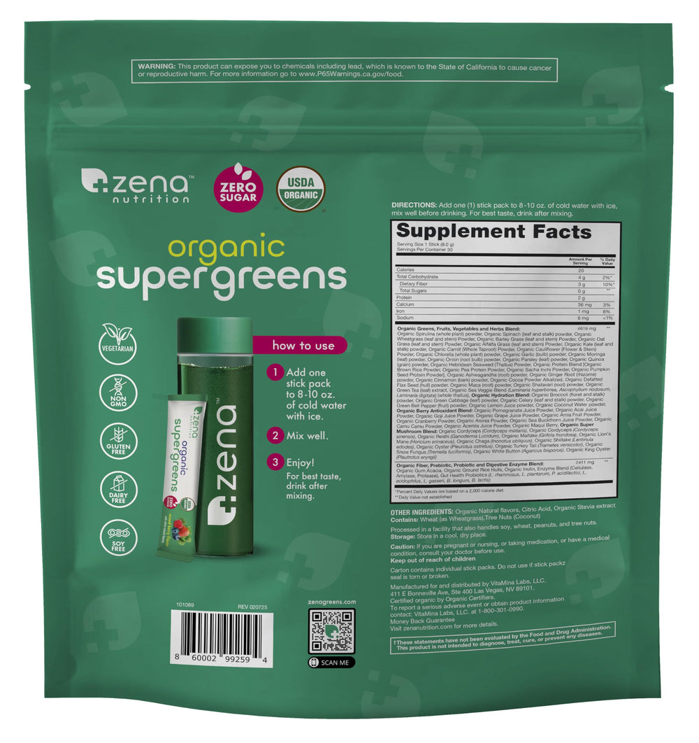 Zena Nutrition vegan non-GMO gluten-free badge highlights a clean label.