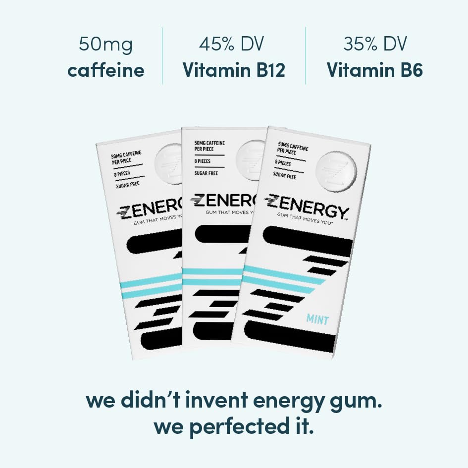 ZENERGY mint gum pieces close-up for quick refreshing focus.