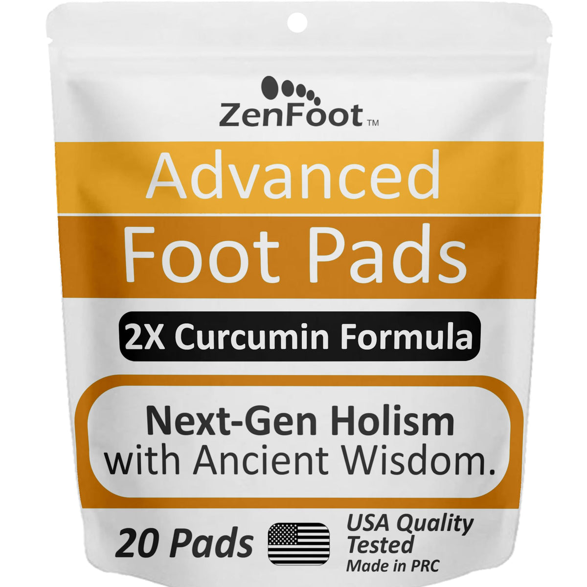 ZenFoot Advanced Curcuminoid Foot Pads packaging highlights all-natural formula for overnight wellness.