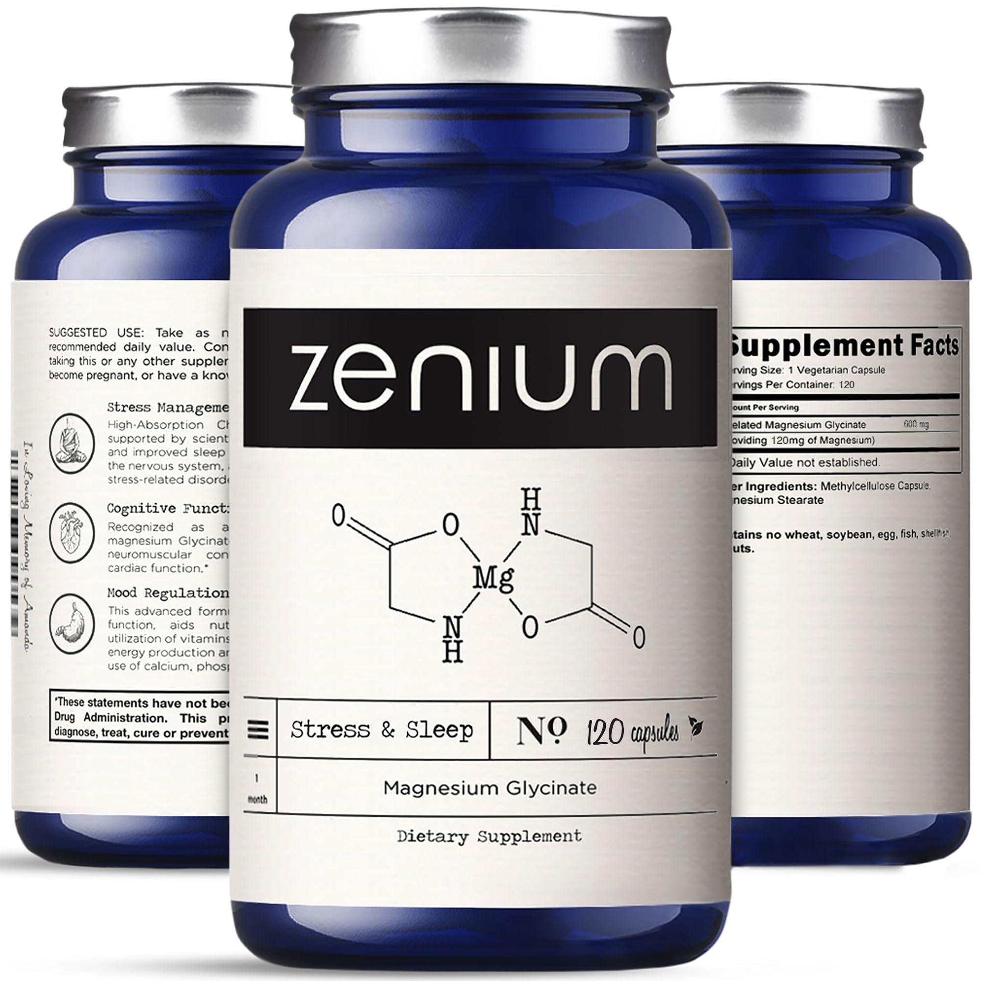 Zenium Magnesium Glycinate bottle front highlighting high absorption for restful nights