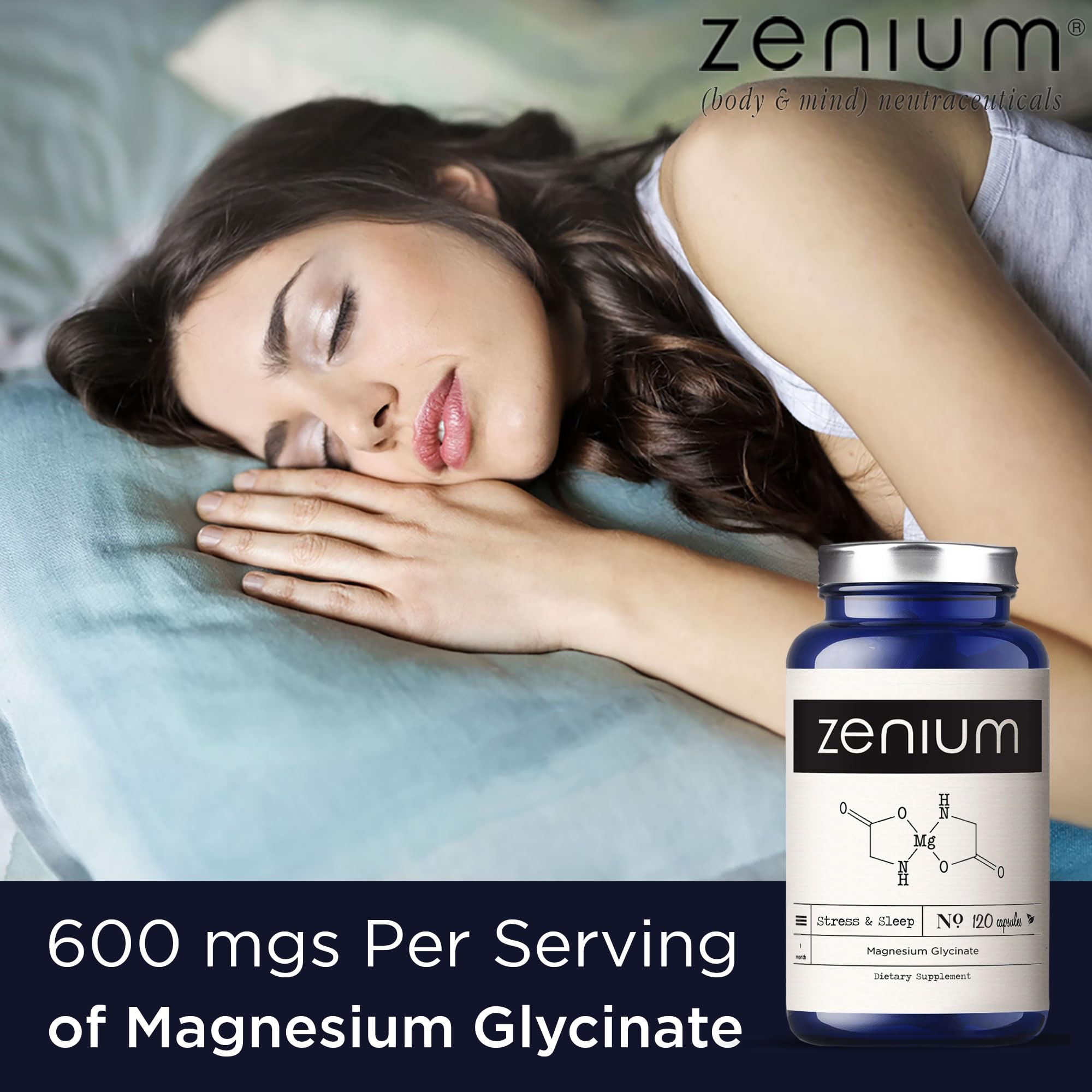 Zenium Magnesium Glycinate bottle label emphasizing 400 mg per serving for daily calm
