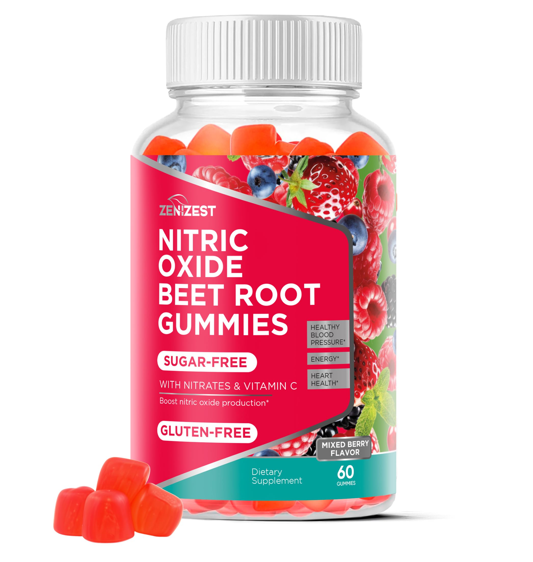 ZeniZest Beets Root Gummies bottle closeup highlighting nitric oxide support