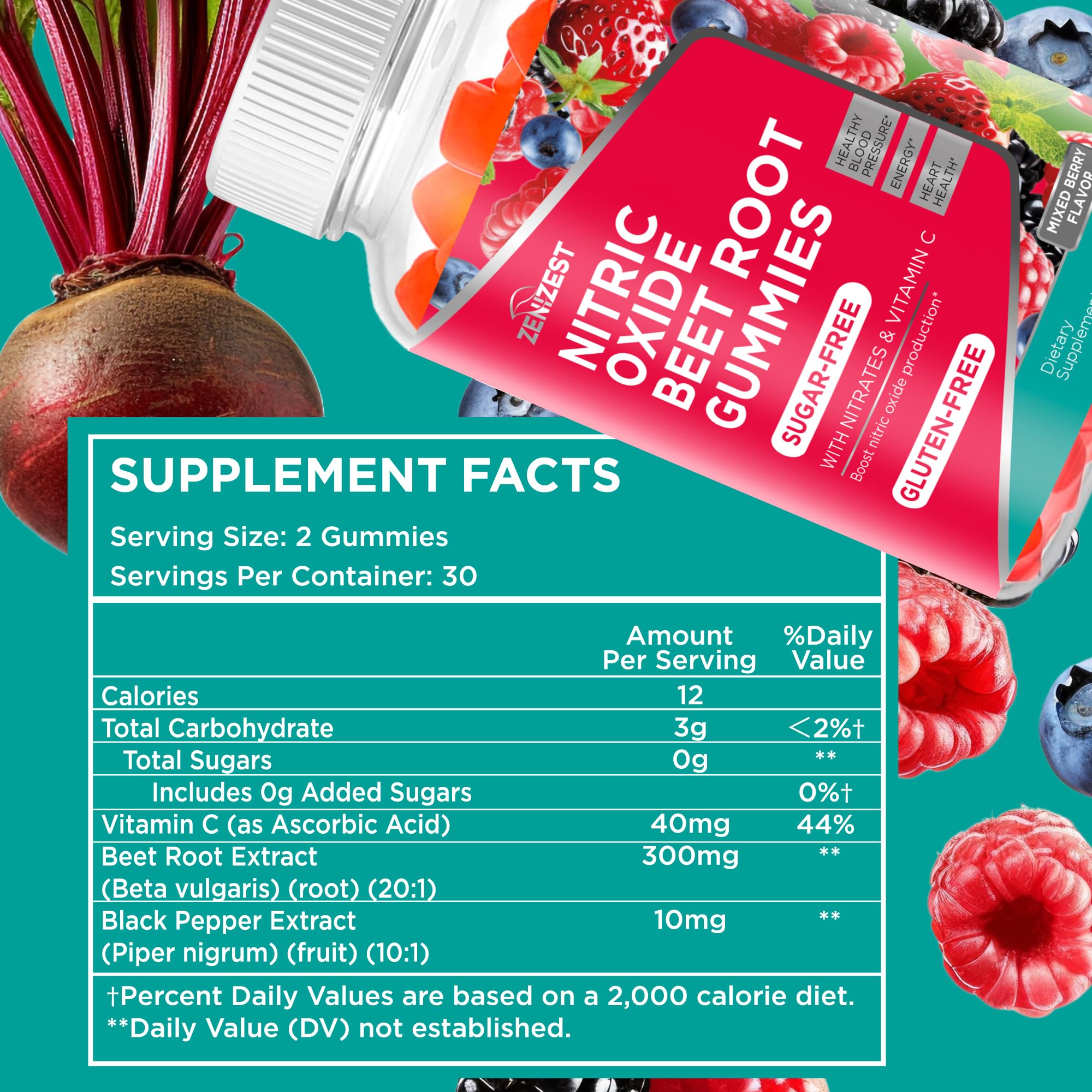 ZeniZest Beets Root Gummies natural sweeteners and gluten free claim