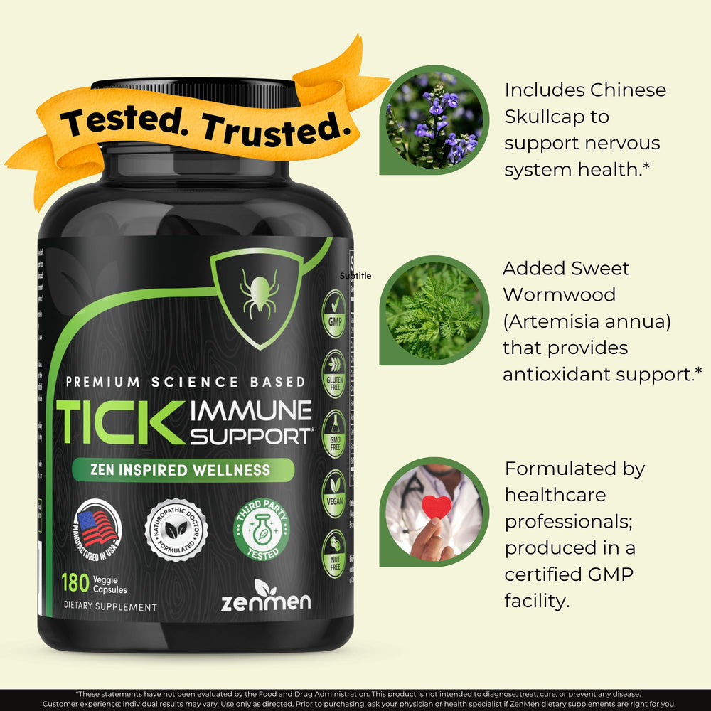 Zenmen Daily Tick Guard label detail highlights vegan and USA-made credentials.