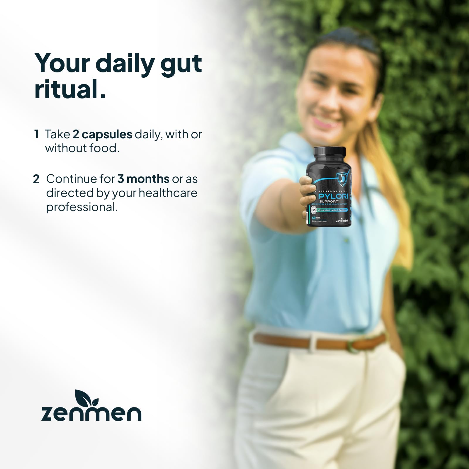 Zenmen H. Pylori Support ingredients label shows zinc, mastic gum, and probiotics