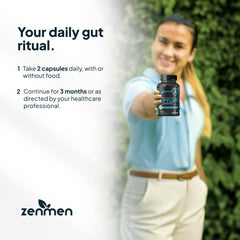 Zenmen H. Pylori Support ingredients label shows zinc, mastic gum, and probiotics