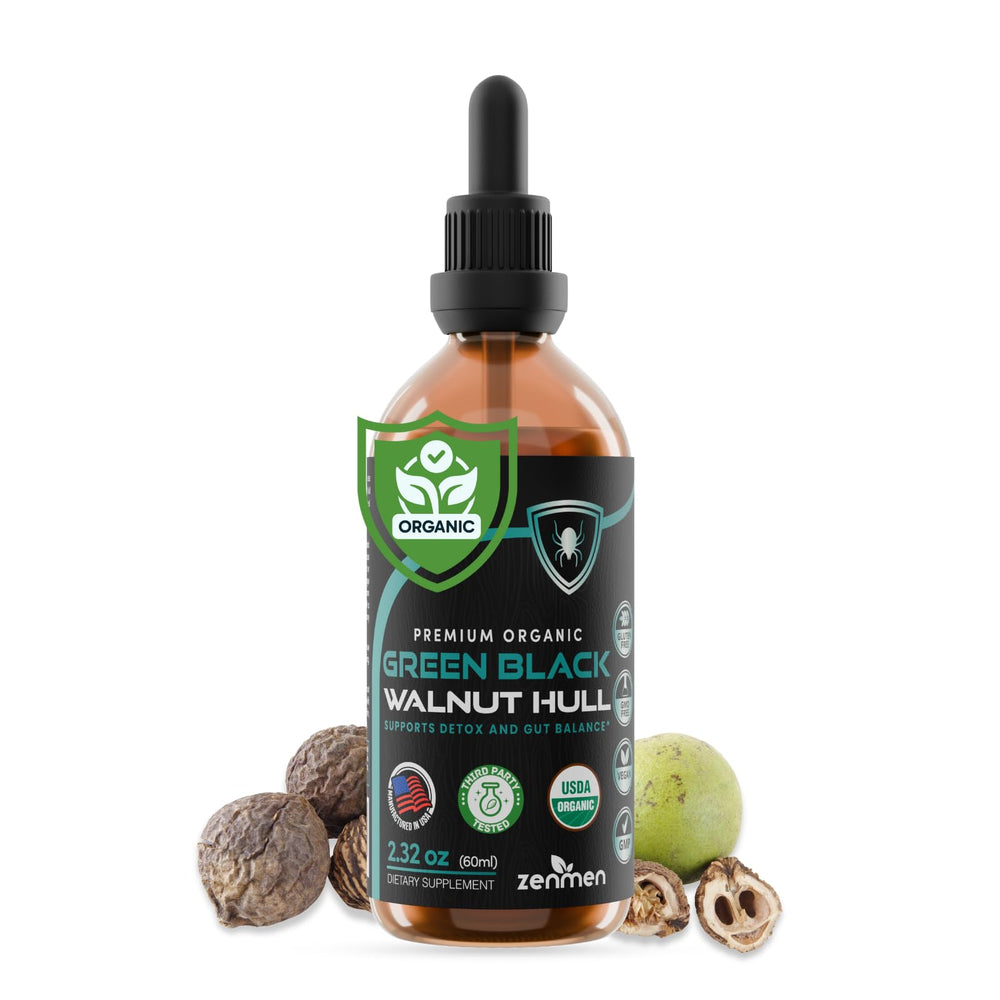Zenmen organic green black walnut hull tincture bottle highlighting premium herbal wellness