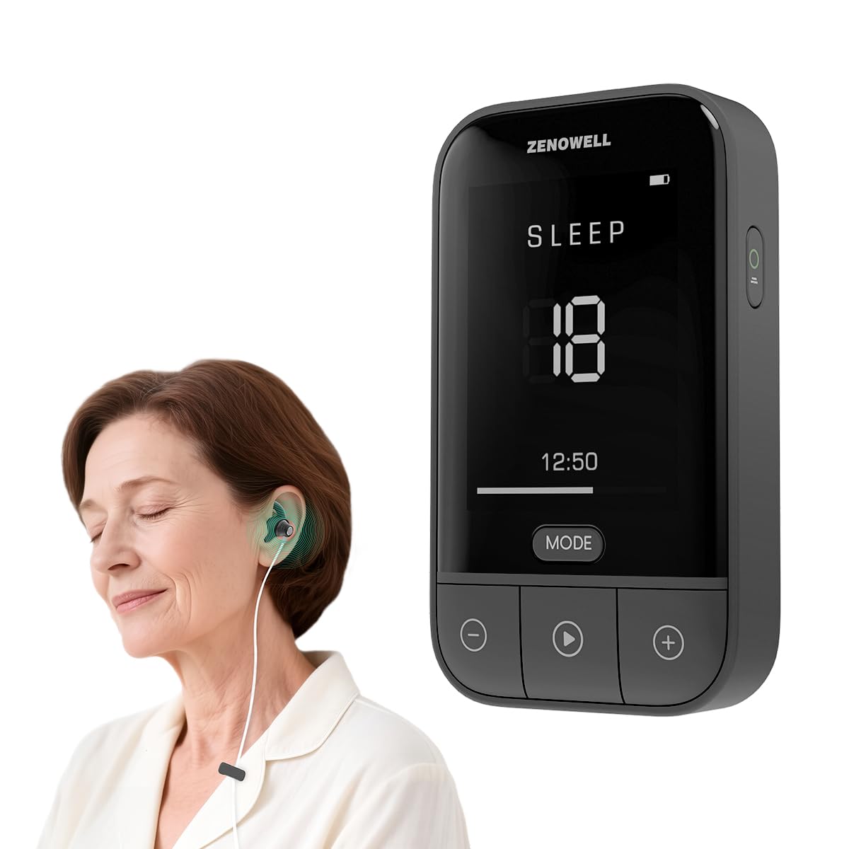 ZENOWELL Vita relaxation device during a sleep session promoting calm and deeper rest.