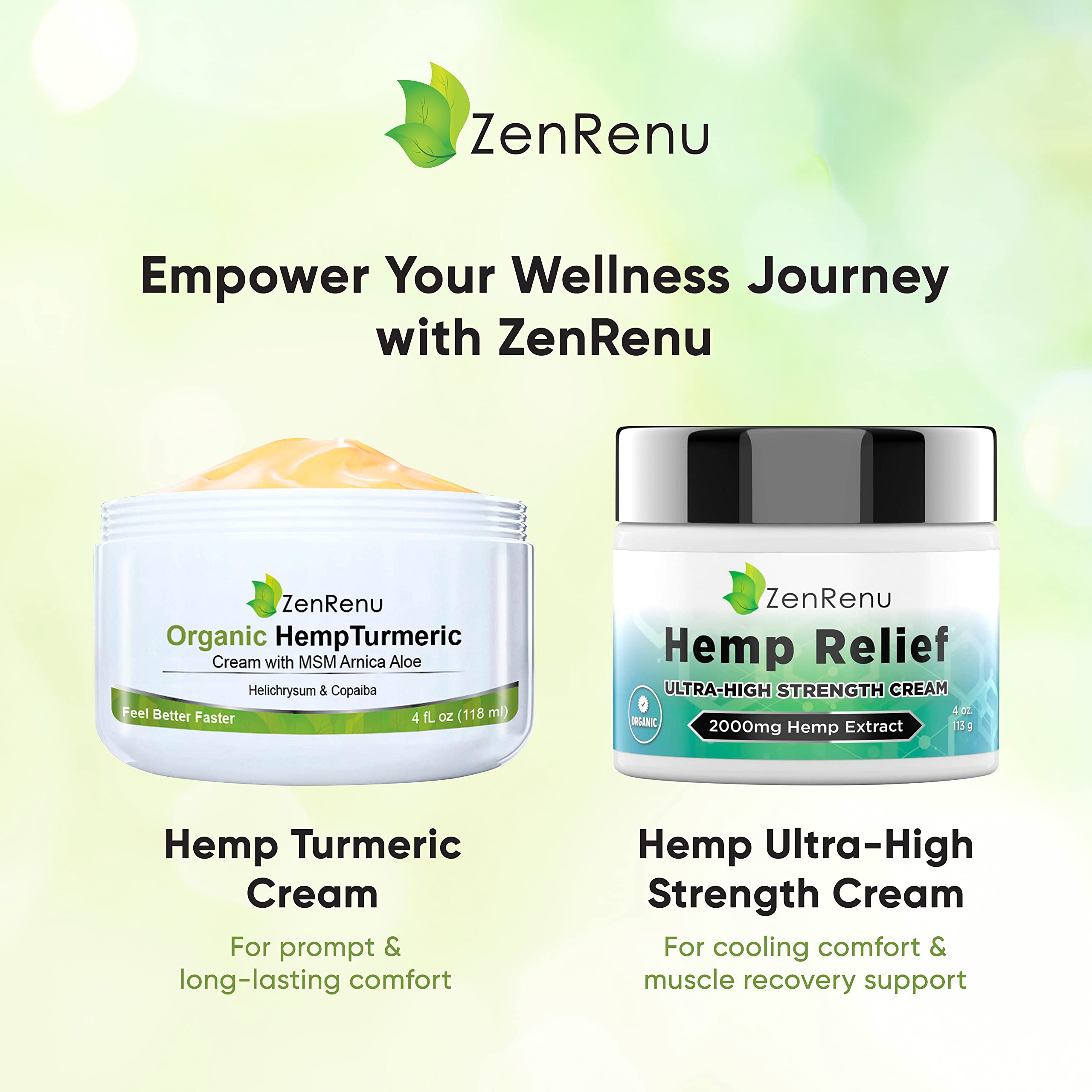 Zenrenu Arnica MSM hemp oil cream ingredients featuring plant-based blend.