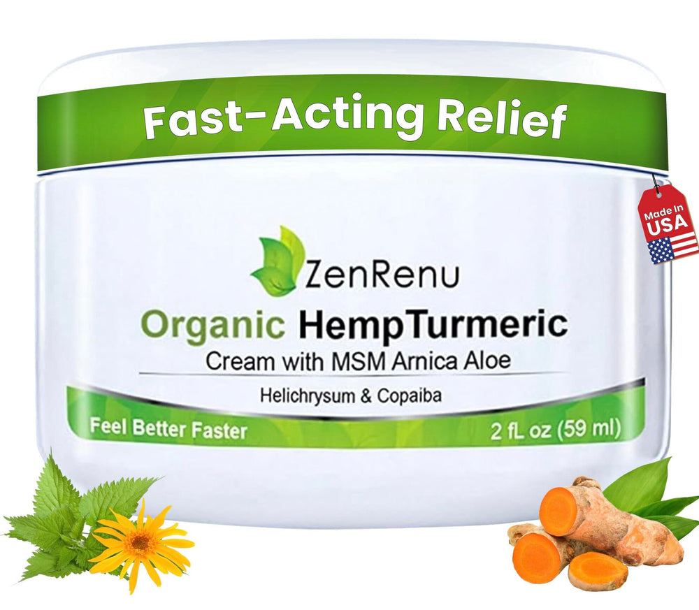 Zenrenu hemp turmeric cream jar close-up for smooth, non-greasy application.