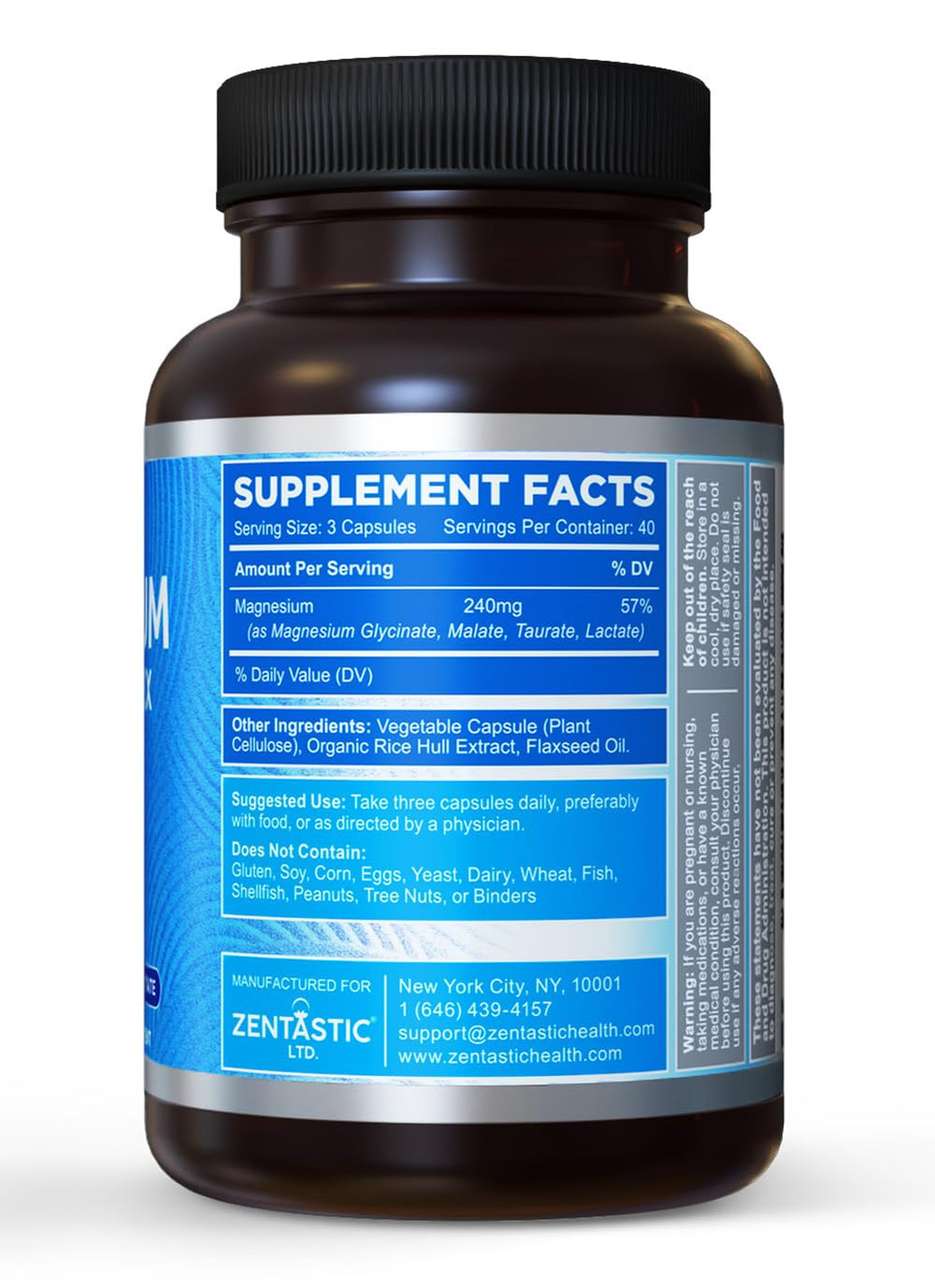 Zentastic Magnesium Complex 4-in-1 vegan formula noted gluten-free and soy-free.