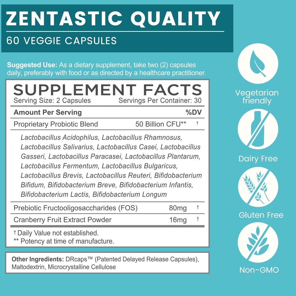 Zentastic Probiotics bottle highlights 16 strains for digestive support