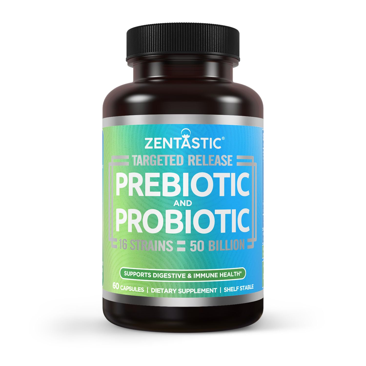 Zentastic Probiotics bottle label shows 50B CFU for gut health