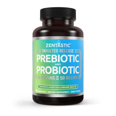 Zentastic Probiotics bottle label shows 50B CFU for gut health