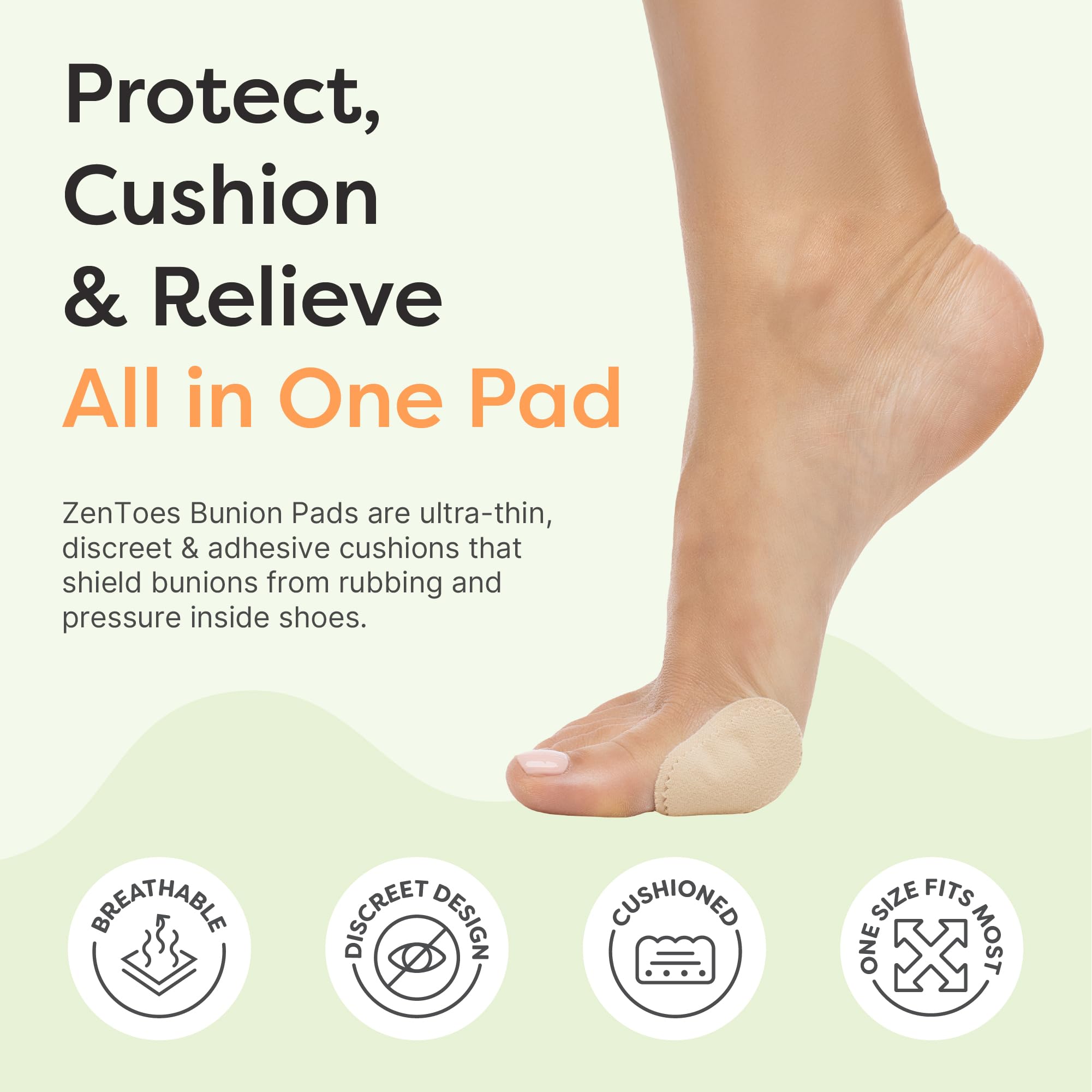 ZenToes bunion pads with self-adhesive backing ensuring day-long wear