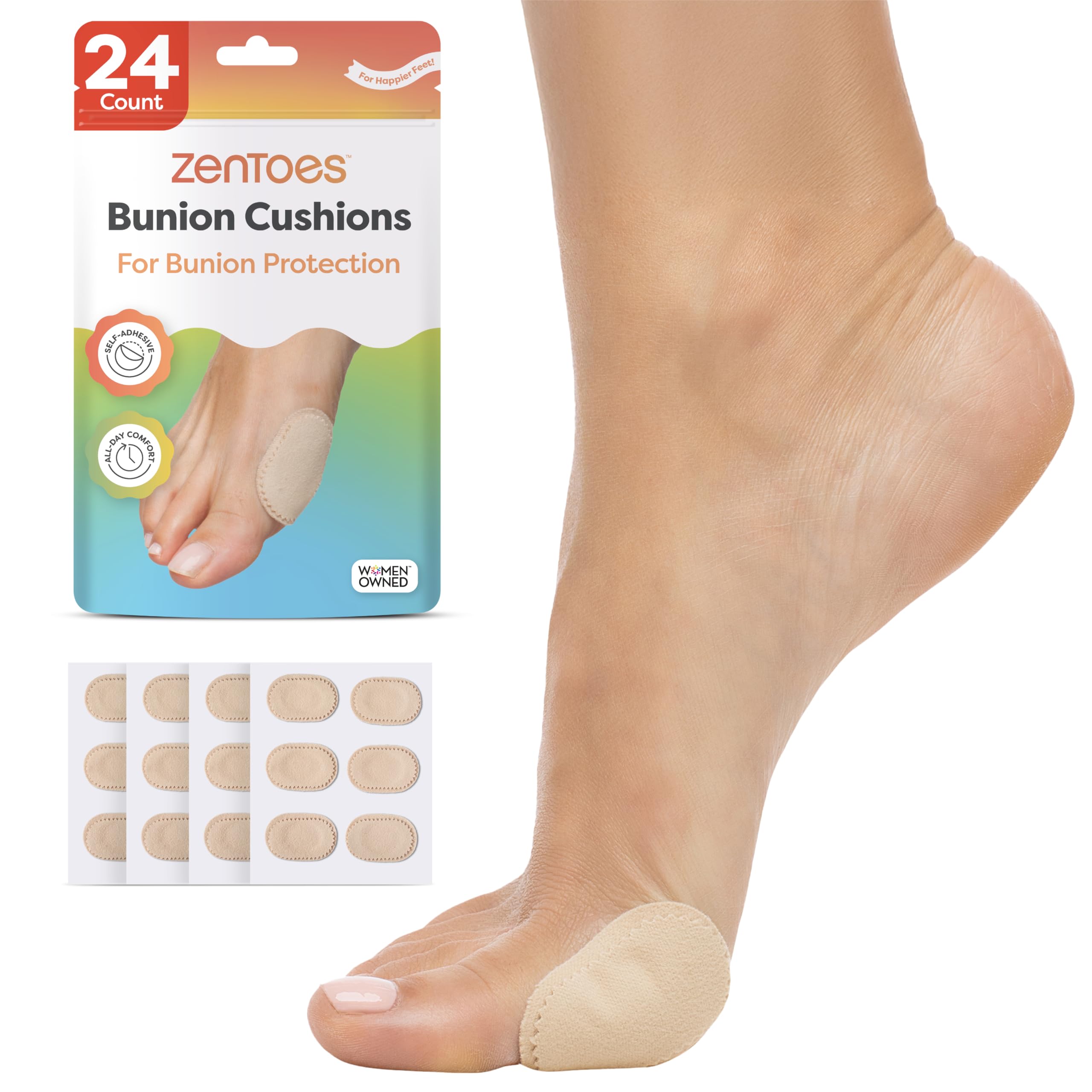 ZenToes bunion pads packaging showing waterproof design for secure use