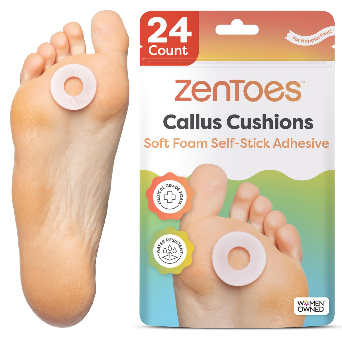ZenToes Callus Cushions close-up on foam pad for friction protection.