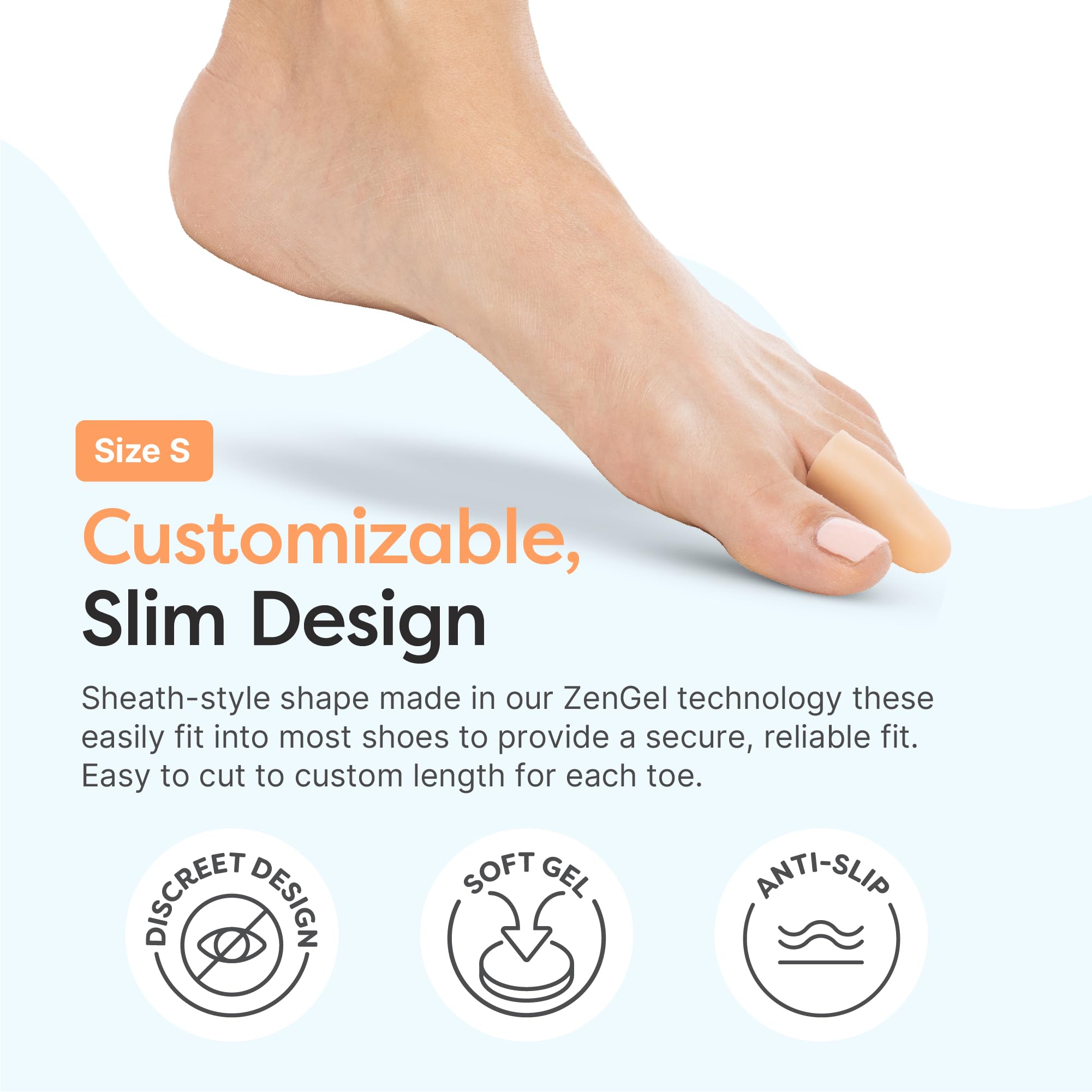 ZenToes beige gel toe cap discreetly fits inside everyday shoes