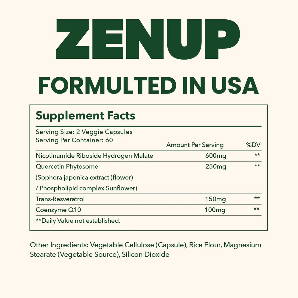 ZenUP NAD+ Plus 30-day supply bottle, convenient daily routine reminder.