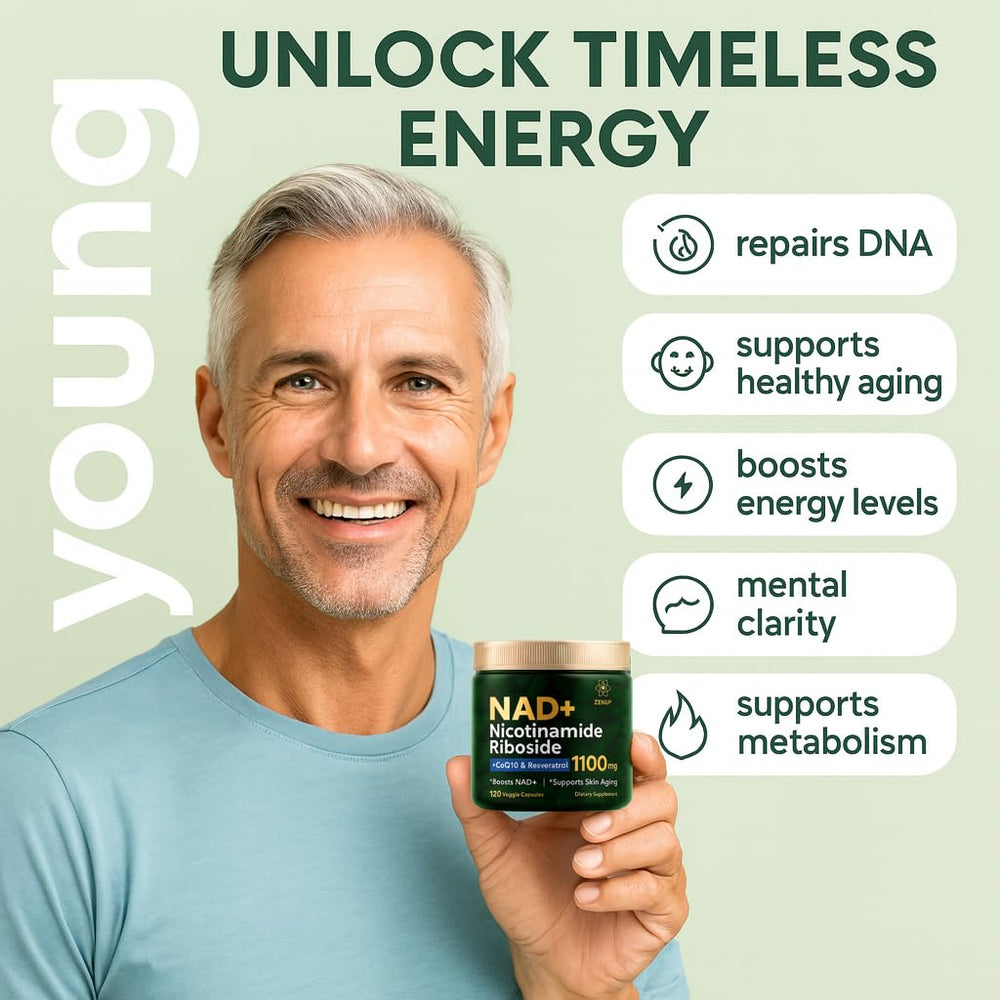 ZenUP NAD+ Plus capsules closeup, small easy-to-swallow pills for steady energy.