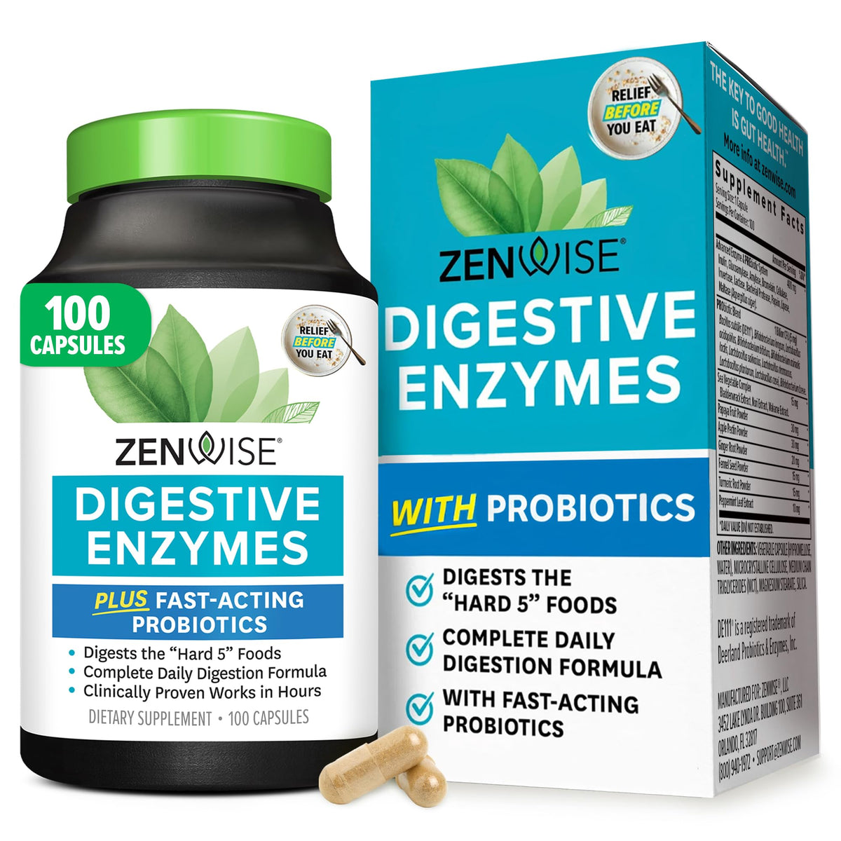 Zenwise Health Digestive Enzymes bottle front supports comfort after meals.