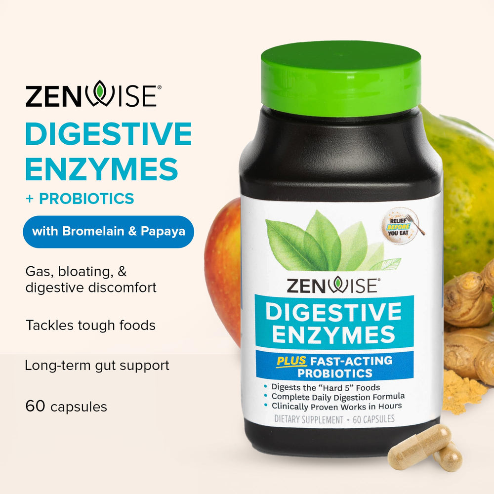 Zenwise Health Digestive Enzymes capsules closeup shows enzymes for meal breakdown.