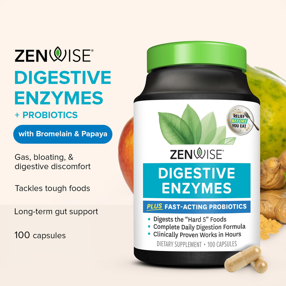 Zenwise Health Digestive Enzymes capsules closeup highlights easy-to-take daily support.
