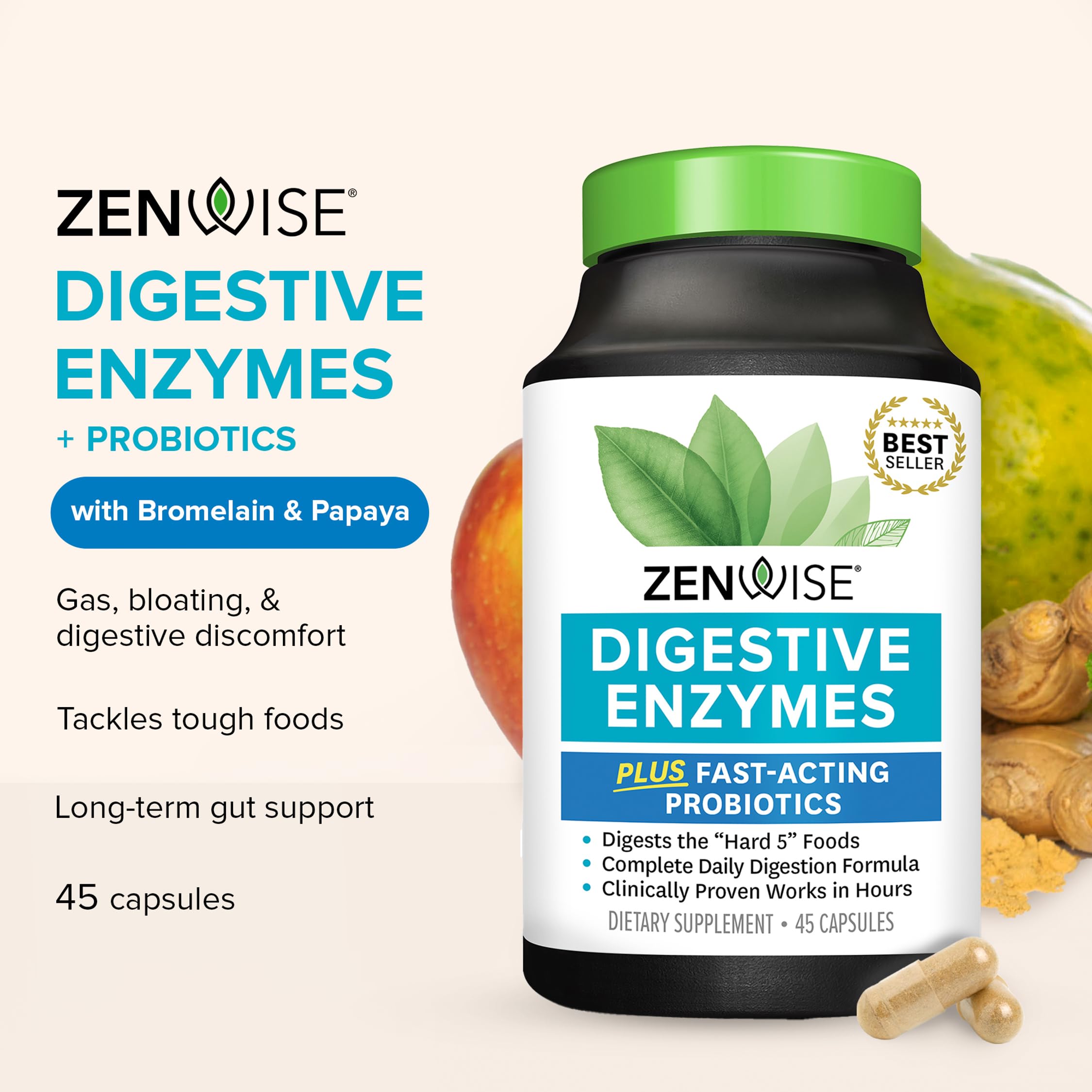 Zenwise Health capsules closeup illustrating enzyme formula for meals